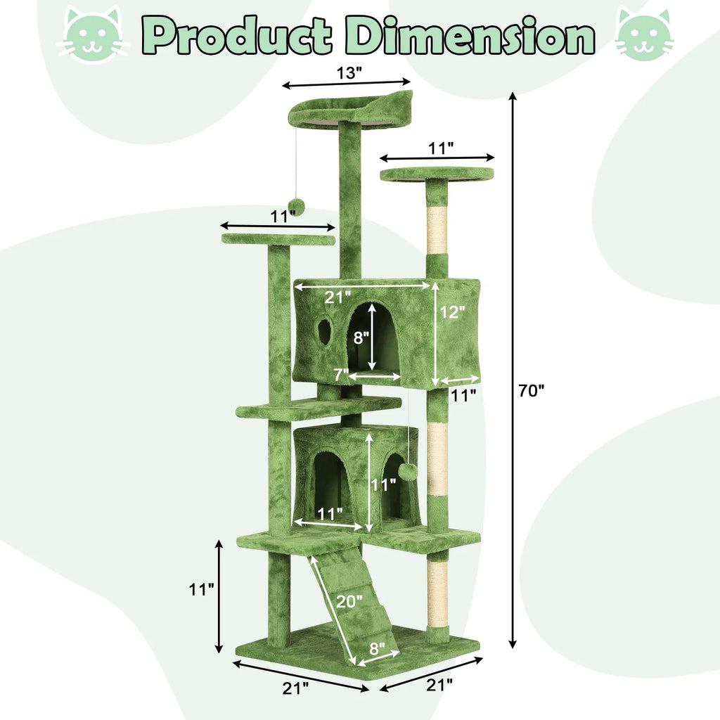 70" Cat Tree Cat Condo Cat Trees and Towers Multi-Level Activity Center Cat Playhouse with Sisal Scratching Posts & Perch for Kittens, Easy to Assemble, Green