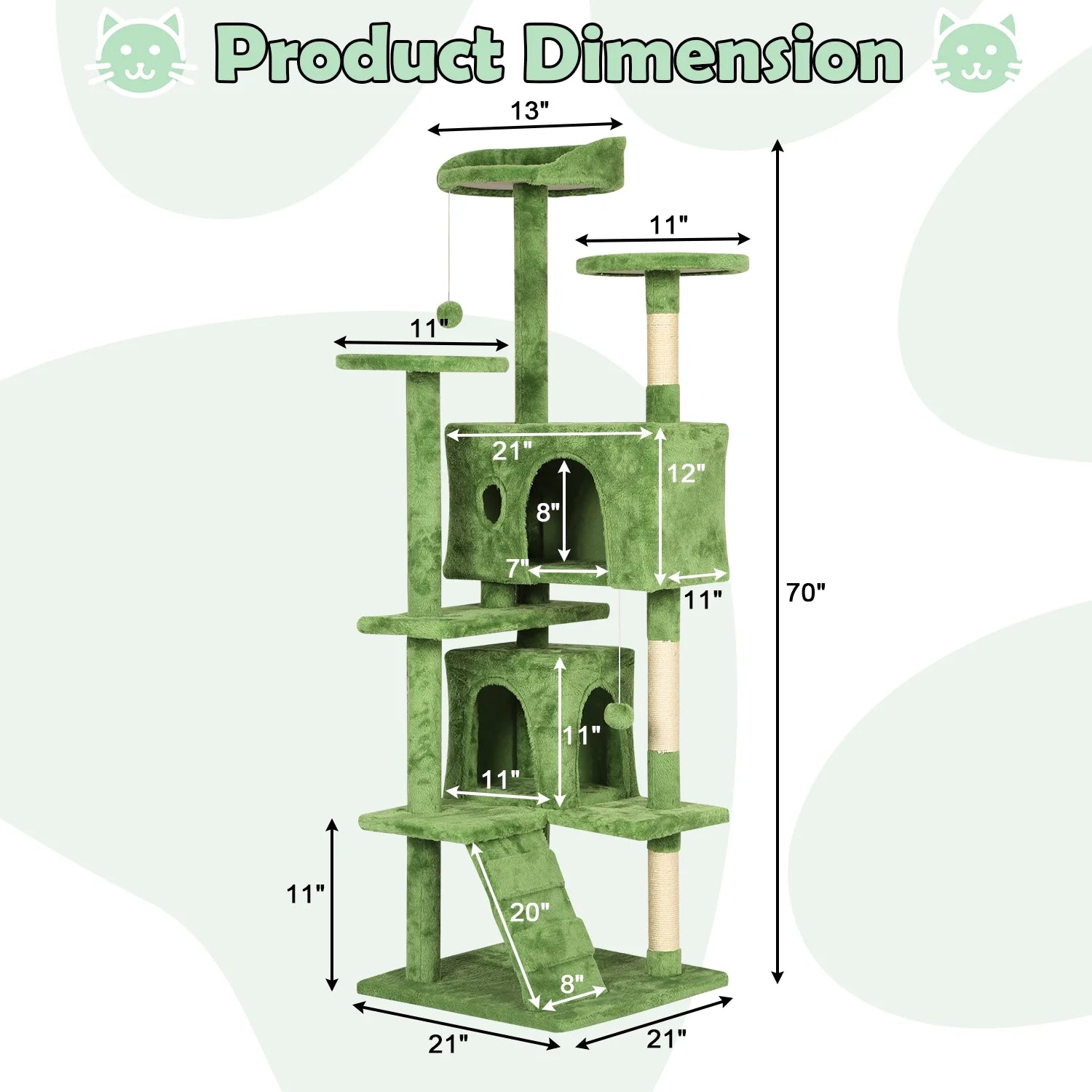 70" Cat Tree Cat Condo Cat Trees and Towers Multi-Level Activity Center Cat Playhouse with Sisal Scratching Posts & Perch for Kittens, Easy to Assemble, Green