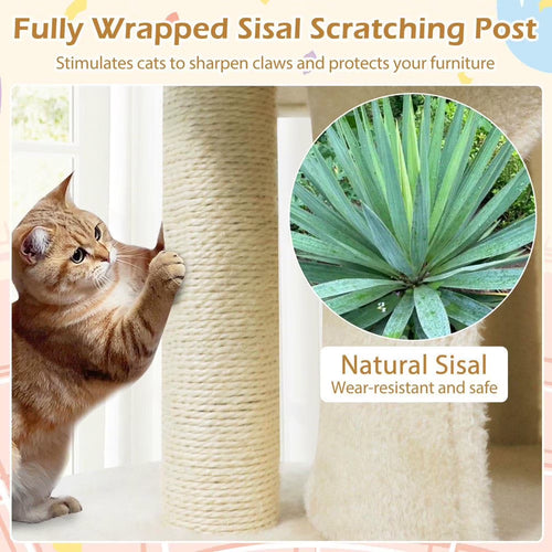 26-Inch Compact Cat Tower with Large Padded Push Perch and Dual Cozy Condos for Cat Napping, Beige