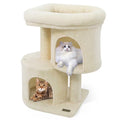 26-Inch Compact Cat Tower with Large Padded Push Perch and Dual Cozy Condos for Cat Napping, Beige