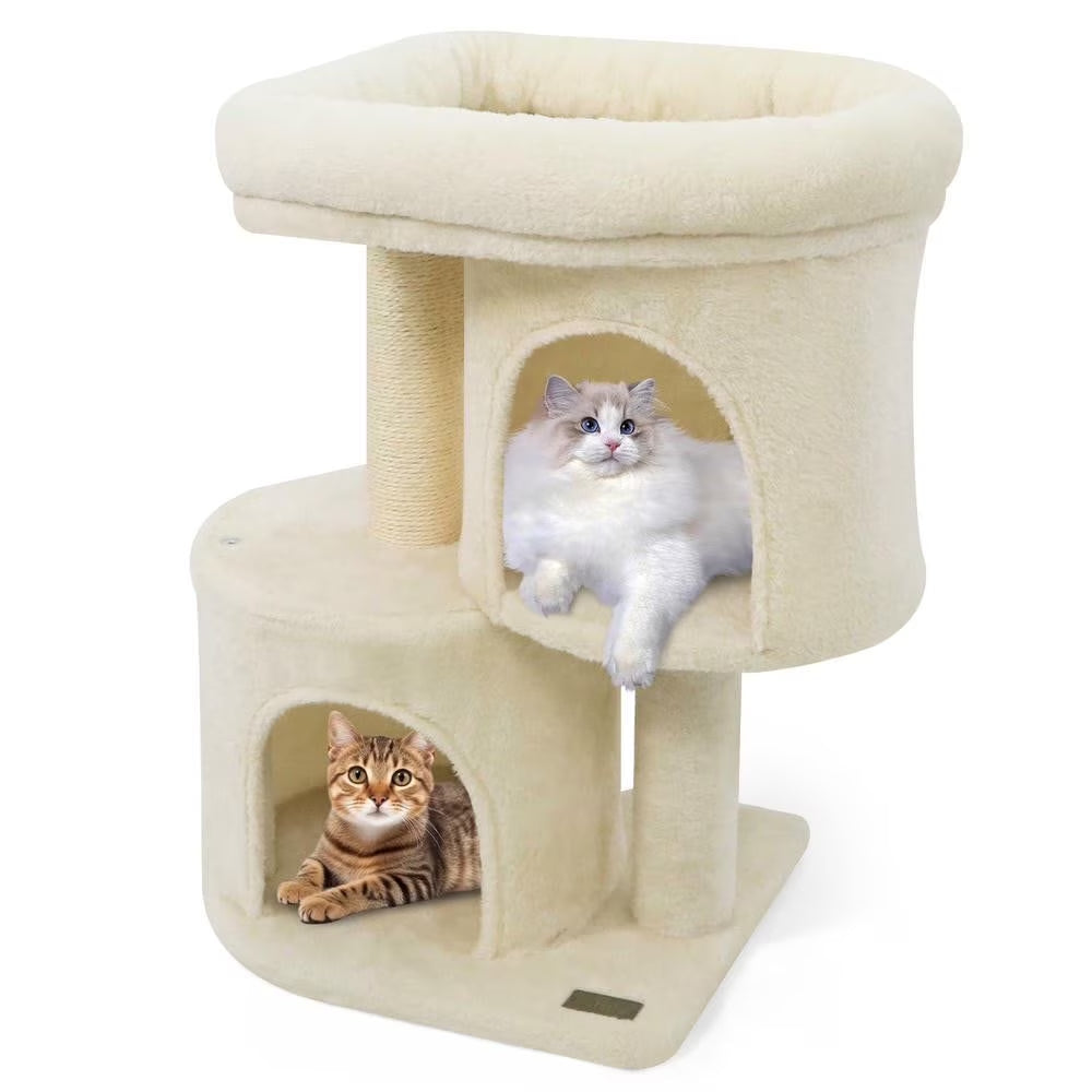 26-Inch Compact Cat Tower with Large Padded Push Perch and Dual Cozy Condos for Cat Napping, Beige