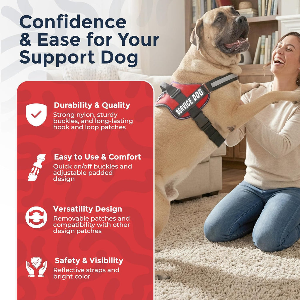 Service Dog Vest Harness - Durable & Adjustable Vest for Dog with Reflective Straps, Removable Patches, 50 ADA Cards, Handle & D-Ring, Travel and Daily Use, (Bright Red, XL 30"-39")