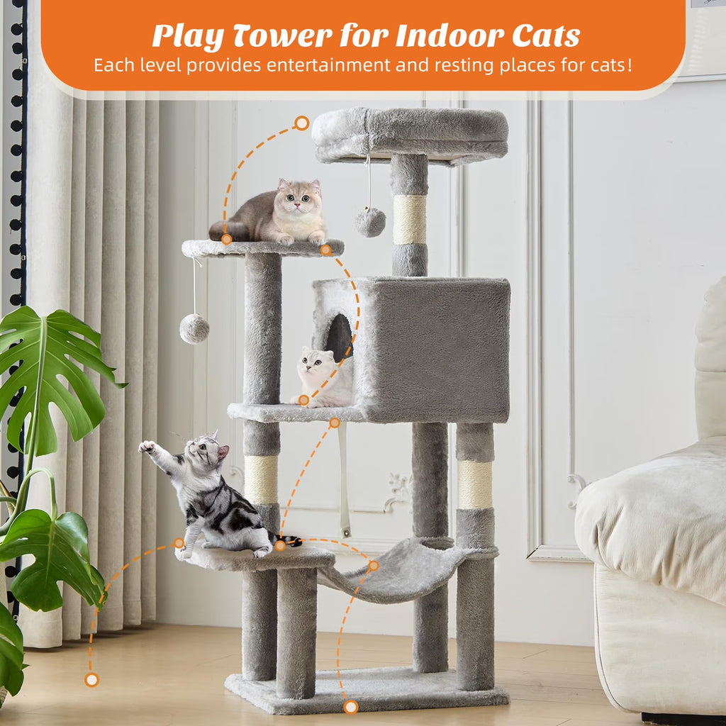 44 Inch Cat Tree, Multi-Level Indoor Cat Tower with Condo, Hammock, Sisal Scratching Posts, Anti-Tip Bolts for Indoor Cats, Light Gray