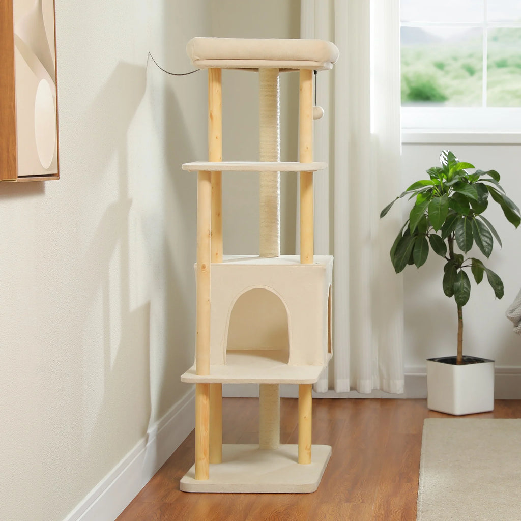 53" Cat Tree for Indoor Cats, Multi-Level Cat Climbing Tower with Sisal Scratching Posts and Top Perch, Beige