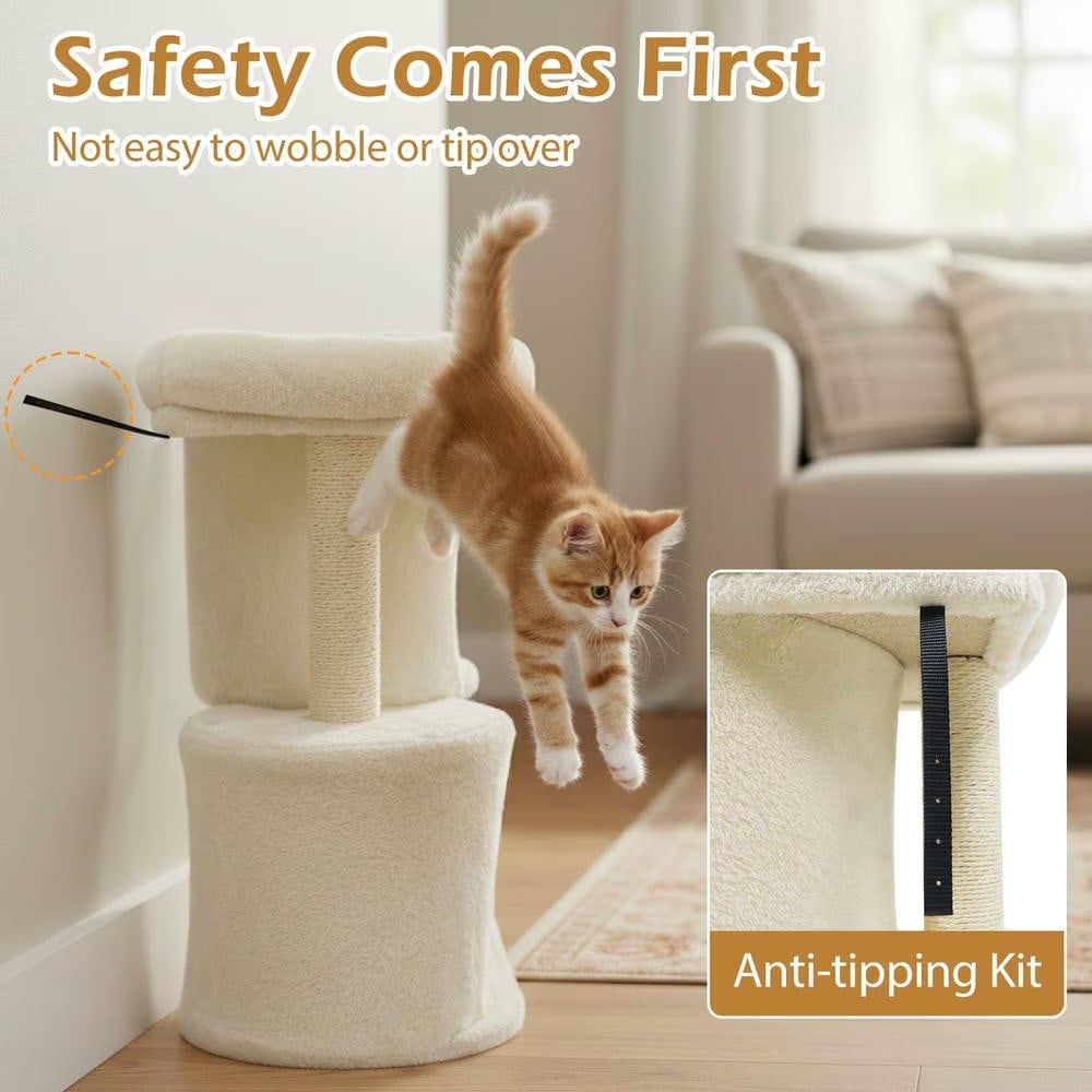 26-Inch Compact Cat Tower with Large Padded Push Perch and Dual Cozy Condos for Cat Napping, Beige