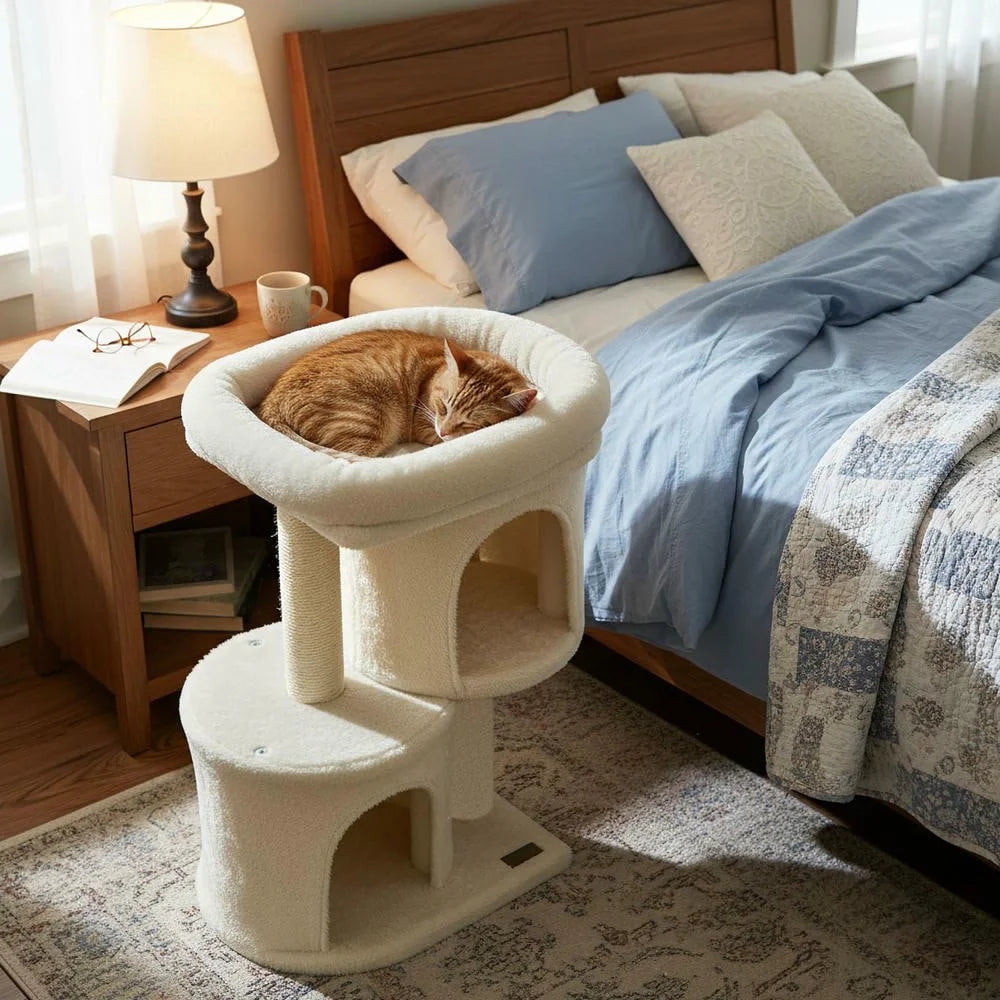 26-Inch Compact Cat Tower with Large Padded Push Perch and Dual Cozy Condos for Cat Napping, Beige