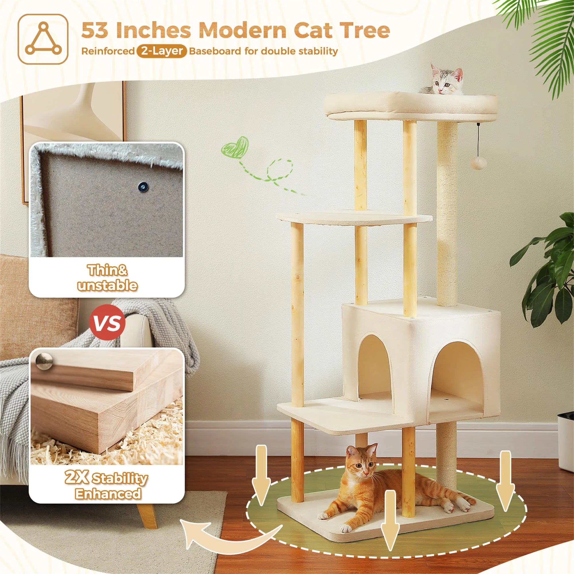 53" Cat Tree for Indoor Cats, Multi-Level Cat Climbing Tower with Sisal Scratching Posts and Top Perch, Beige