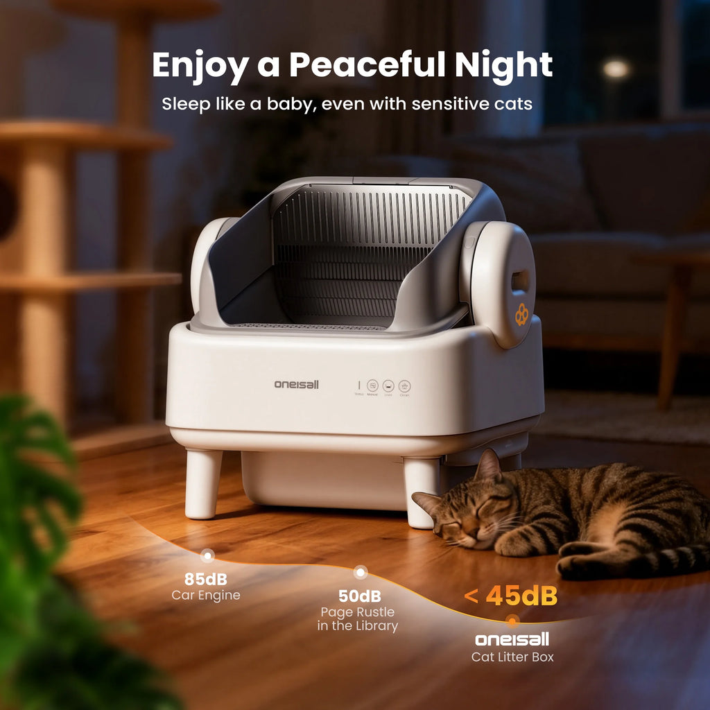 AB01 Automatic Cat Litter Box with 17 Safety Sensors, Open Top Self Cleaning Litter Box for Multiple Cats, Automatic Litter Box with Washable Silicone Lining & 40 Waste Bags, White
