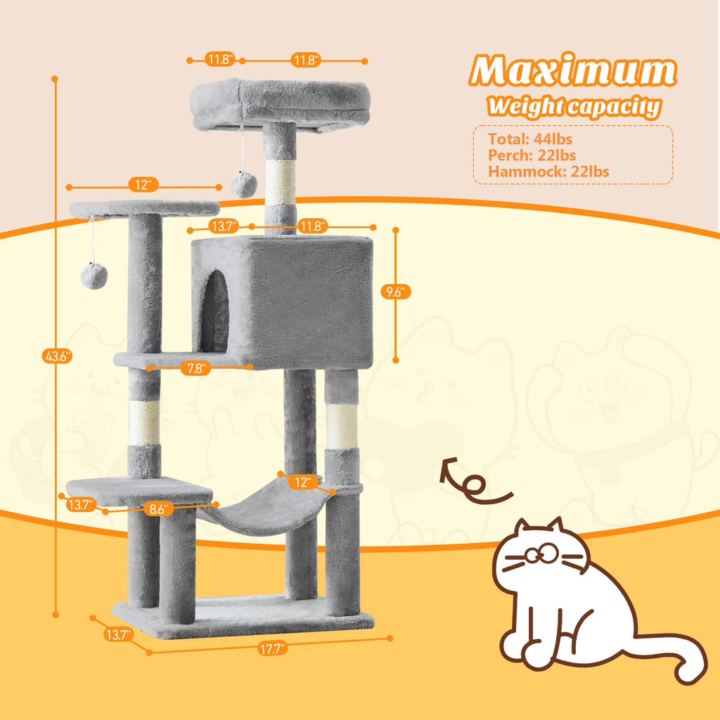 44 Inch Cat Tree, Multi-Level Indoor Cat Tower with Condo, Hammock, Sisal Scratching Posts, Anti-Tip Bolts for Indoor Cats, Light Gray
