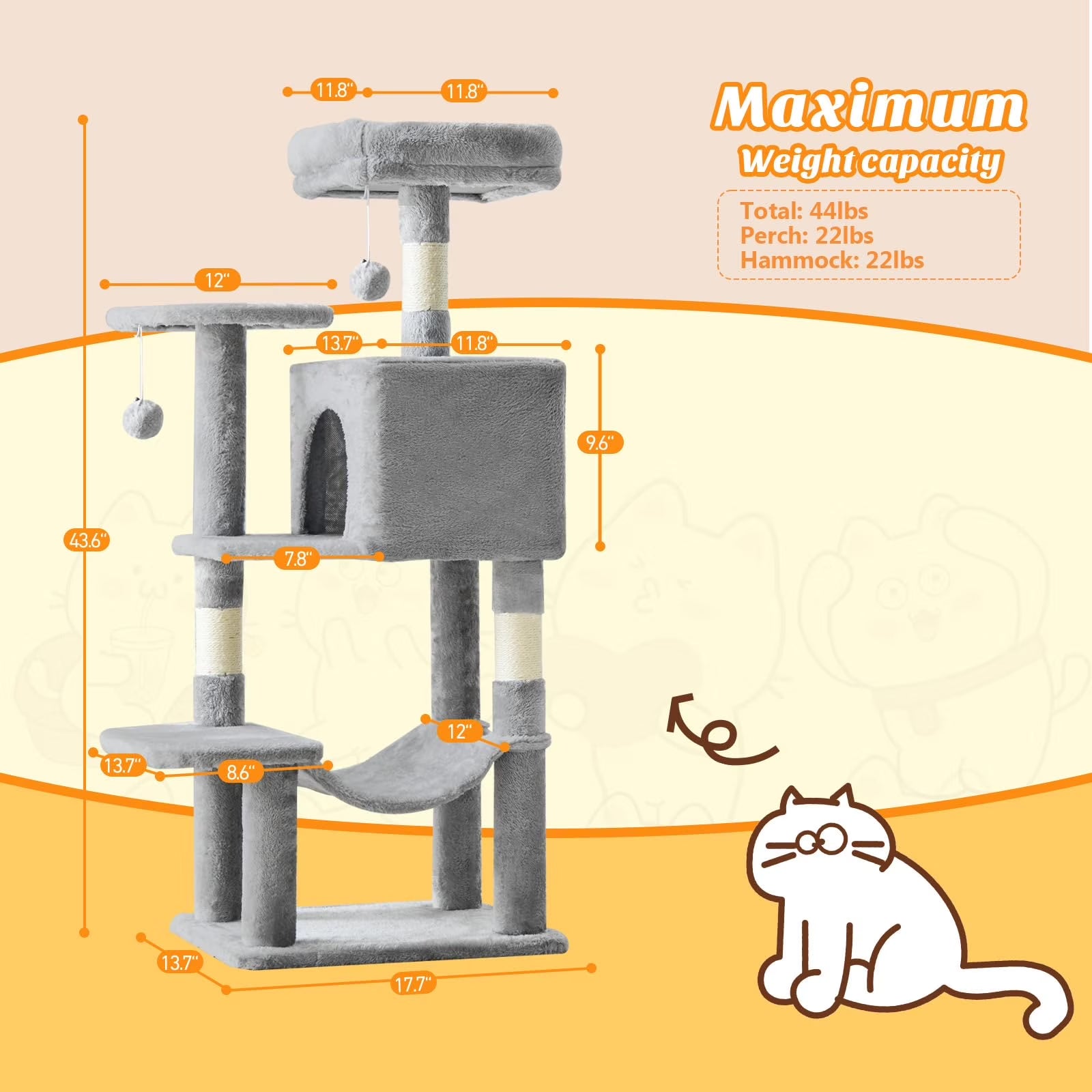 44 Inch Cat Tree, Multi-Level Indoor Cat Tower with Condo, Hammock, Sisal Scratching Posts, Anti-Tip Bolts for Indoor Cats, Light Gray
