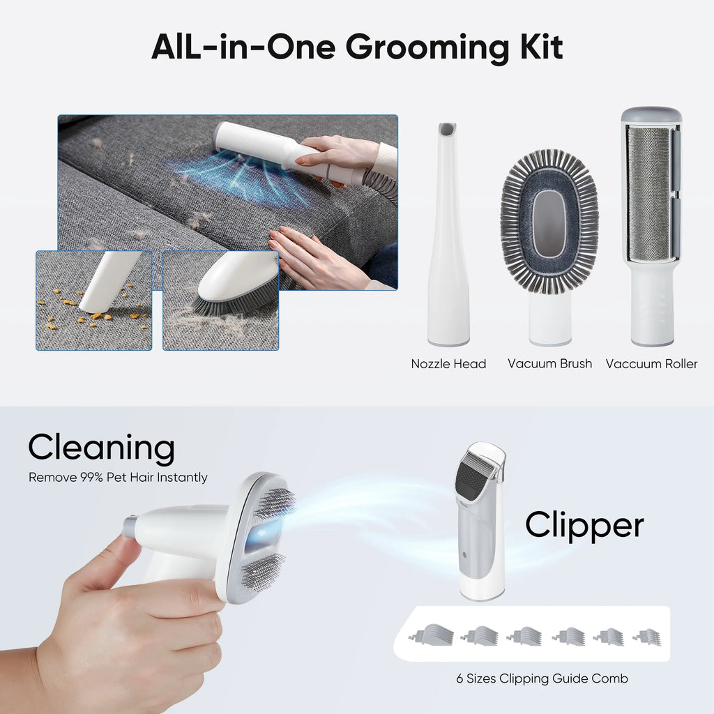 Dog Grooming Vacuum Kit 5-In-1 Electric Pet Trimmer, 2.5L Dust Box, Low Noise, White