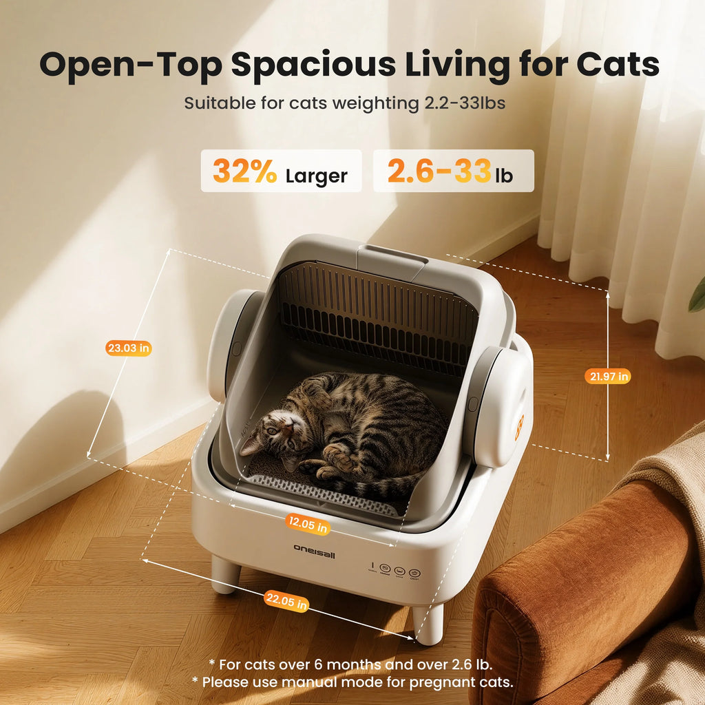 AB01 Automatic Cat Litter Box with 17 Safety Sensors, Open Top Self Cleaning Litter Box for Multiple Cats, Automatic Litter Box with Washable Silicone Lining & 40 Waste Bags, White