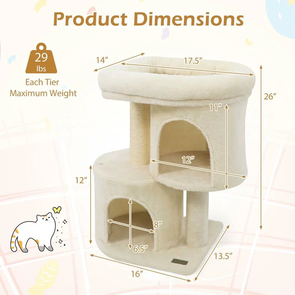 26-Inch Compact Cat Tower with Large Padded Push Perch and Dual Cozy Condos for Cat Napping, Beige