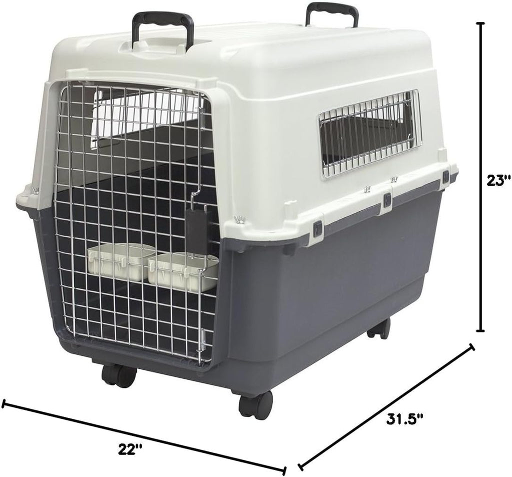 Sportpet Airline Compliant LARGE 31.5" Travel Dog Kennel-Durable Plastic Airline Pet Carrier W/ Removable Wheels & Food Bowls, Collapsible Indoor/Outdoor Dog Kennel, Dogs up to 28"L & 20"H-Cream/Gray