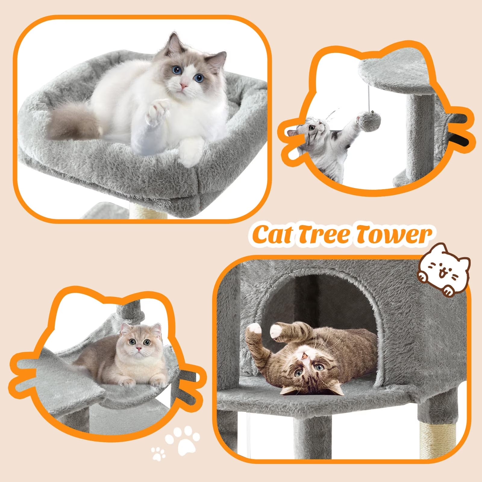 44 Inch Cat Tree, Multi-Level Indoor Cat Tower with Condo, Hammock, Sisal Scratching Posts, Anti-Tip Bolts for Indoor Cats, Light Gray