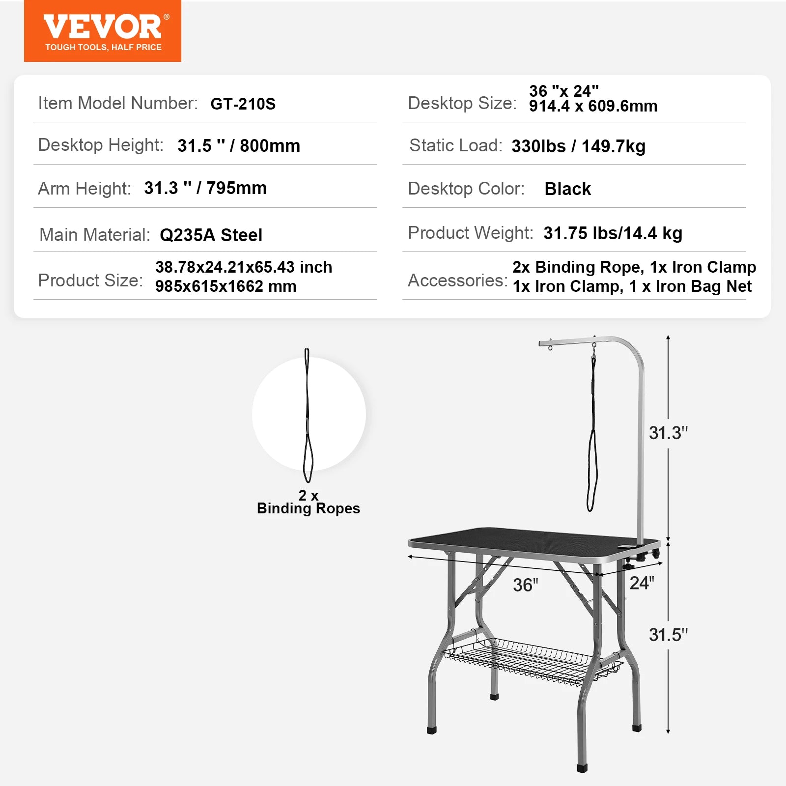 Pet Grooming Table with Two Arms and Foldable Stand