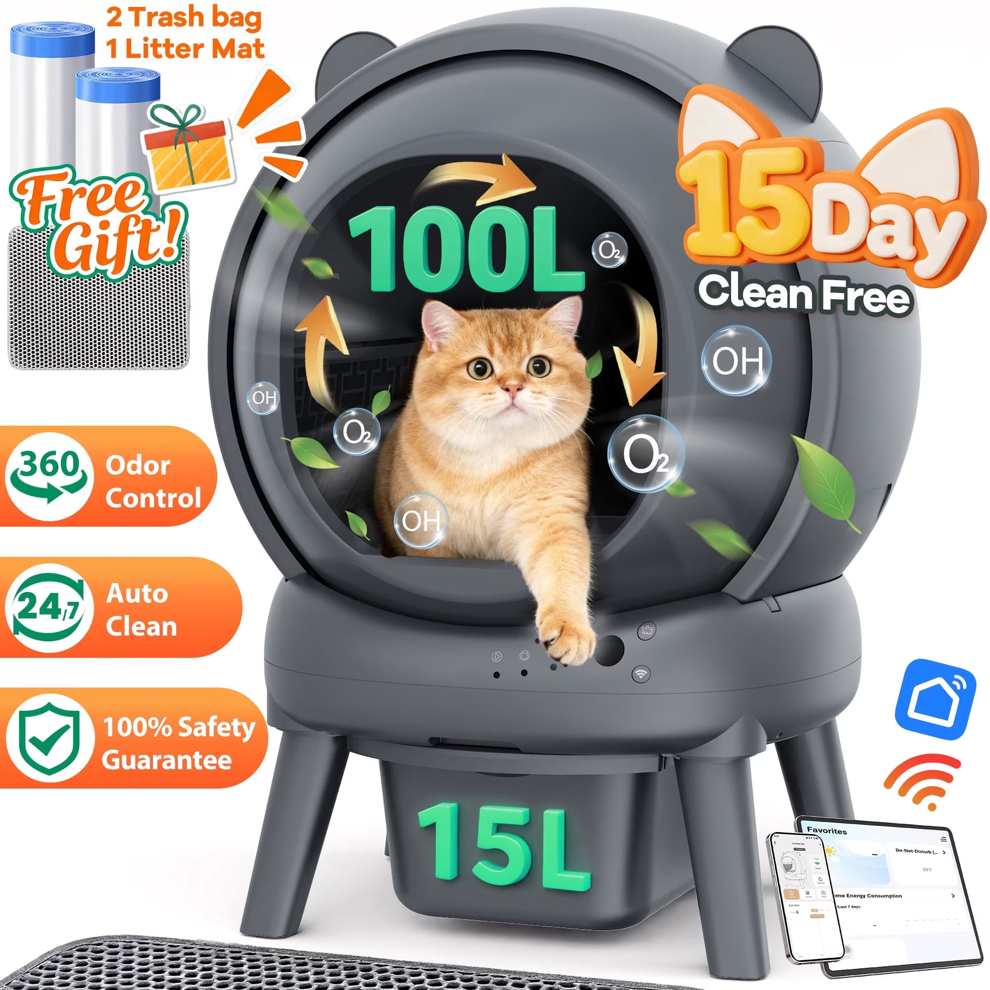 Automatic Cat Litter Box Self Cleaning, 100+15L Large Size Litter Box, 2.4G Wifi APP Control, Odor Removal, Safety Protection with Litter Mat & Liner
