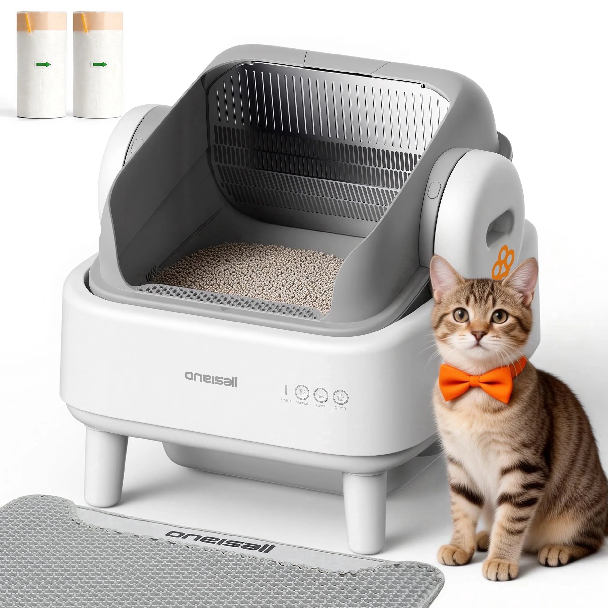 AB01 Automatic Cat Litter Box with 17 Safety Sensors, Open Top Self Cleaning Litter Box for Multiple Cats, Automatic Litter Box with Washable Silicone Lining & 40 Waste Bags, White