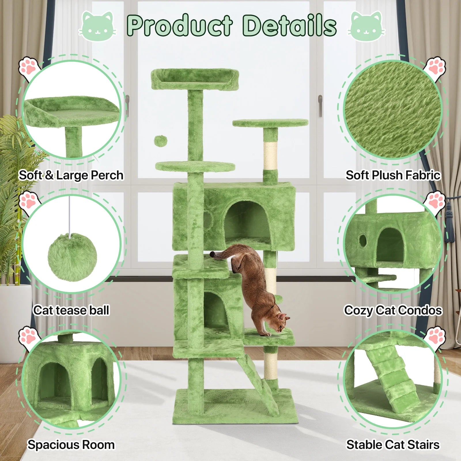 70" Cat Tree Cat Condo Cat Trees and Towers Multi-Level Activity Center Cat Playhouse with Sisal Scratching Posts & Perch for Kittens, Easy to Assemble, Green