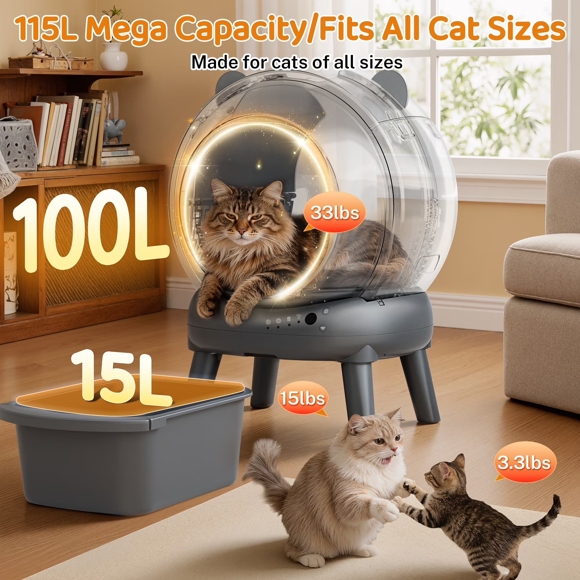 Automatic Cat Litter Box Self Cleaning, 100+15L Large Size Litter Box, 2.4G Wifi APP Control, Odor Removal, Safety Protection with Litter Mat & Liner