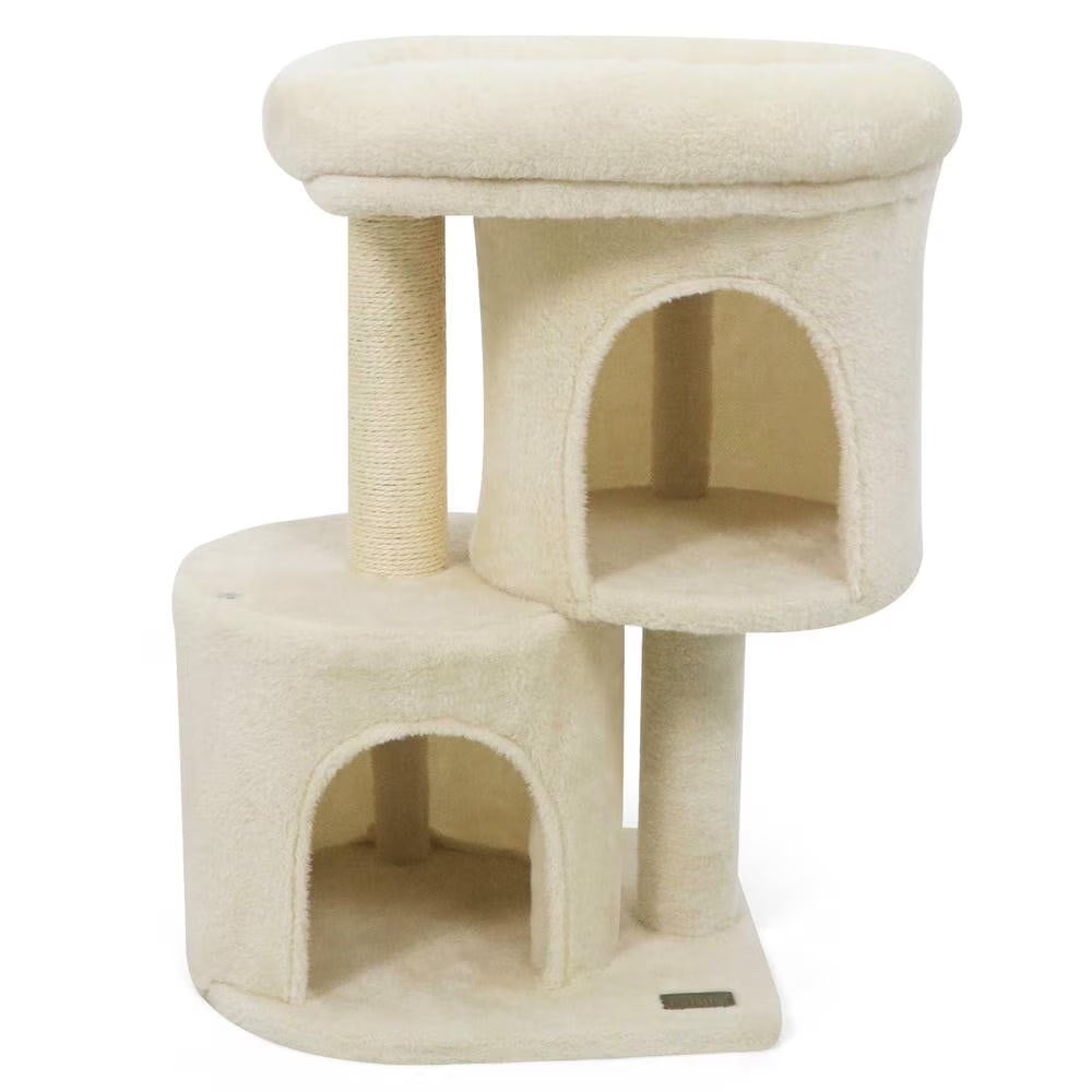 26-Inch Compact Cat Tower with Large Padded Push Perch and Dual Cozy Condos for Cat Napping, Beige