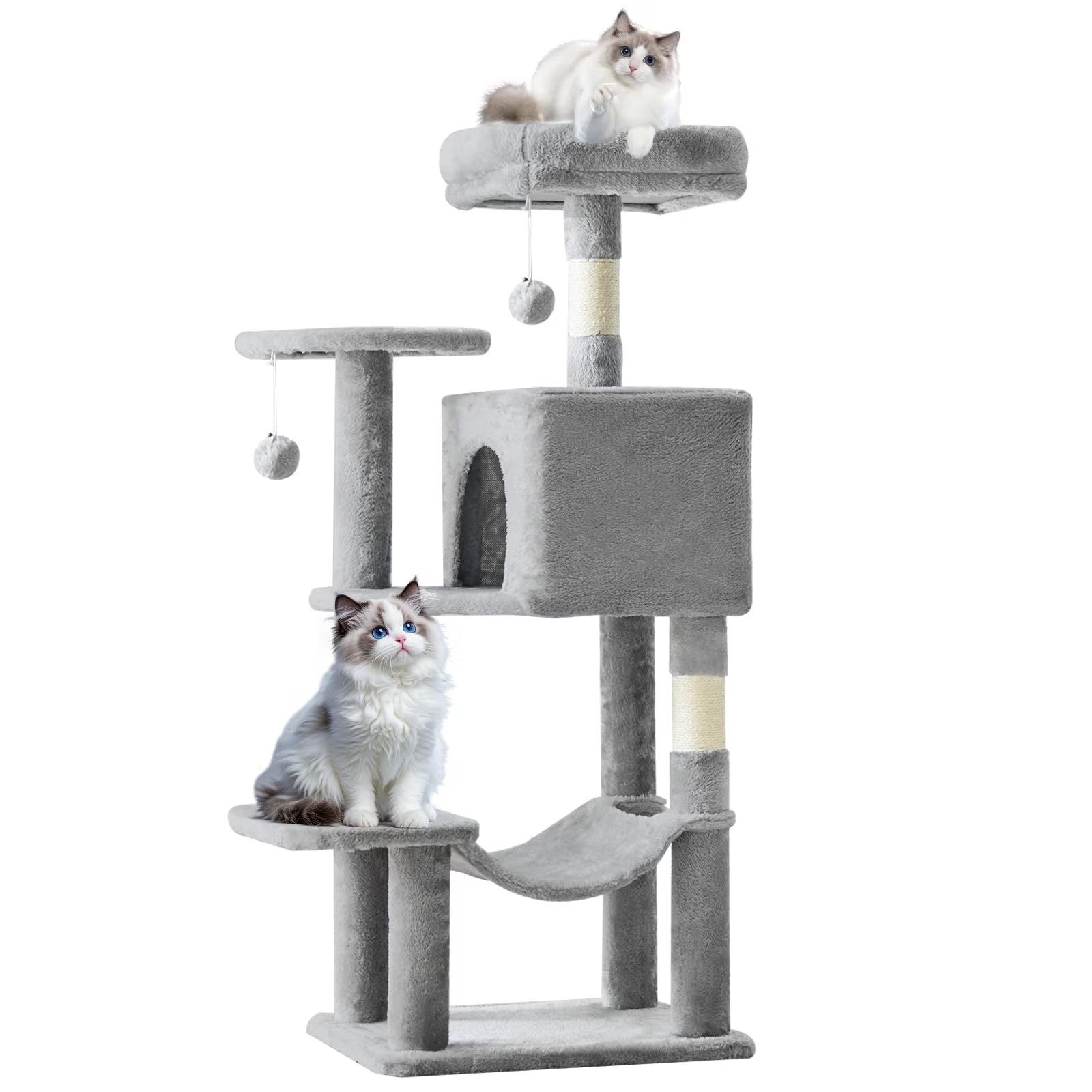 44 Inch Cat Tree, Multi-Level Indoor Cat Tower with Condo, Hammock, Sisal Scratching Posts, Anti-Tip Bolts for Indoor Cats, Light Gray
