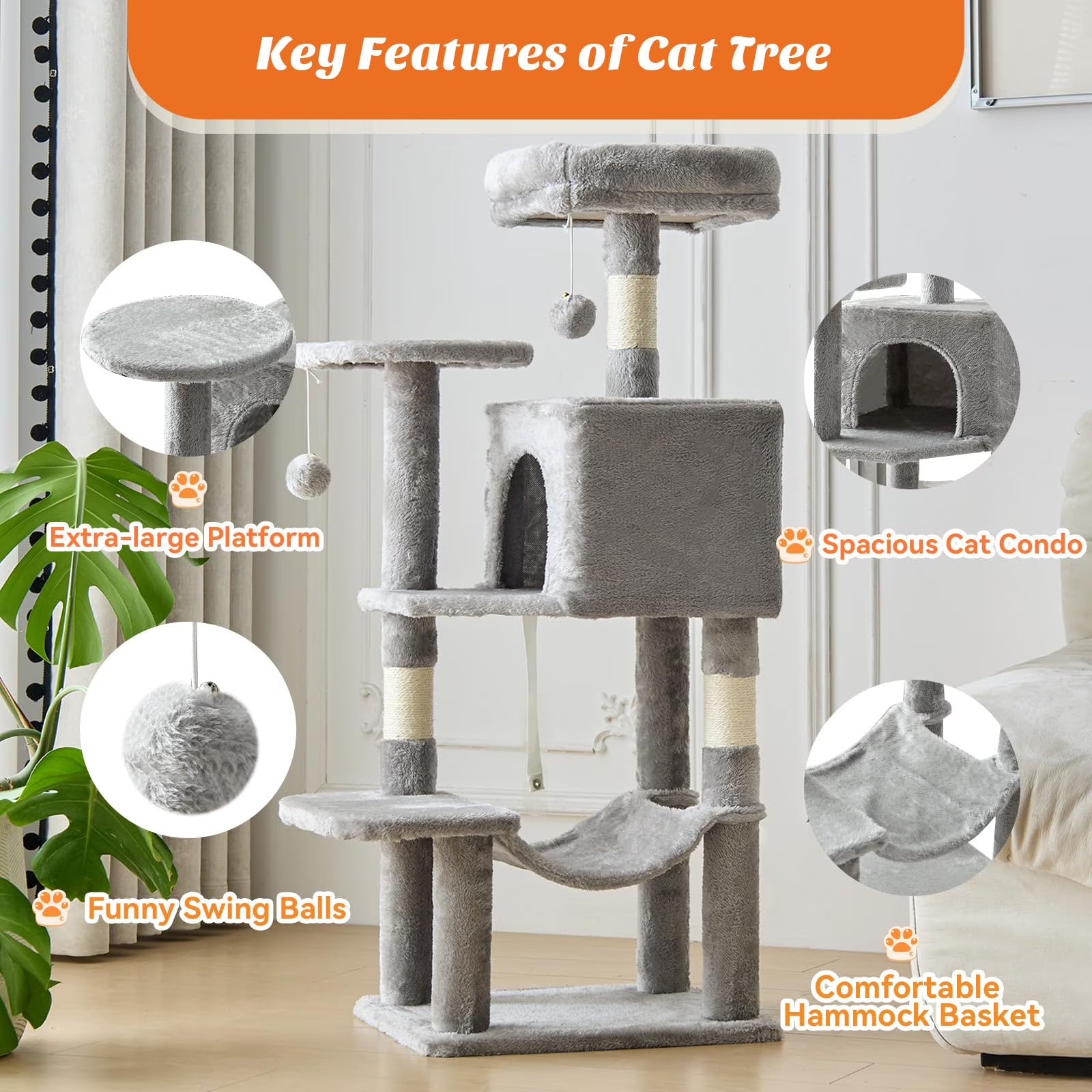 44 Inch Cat Tree, Multi-Level Indoor Cat Tower with Condo, Hammock, Sisal Scratching Posts, Anti-Tip Bolts for Indoor Cats, Light Gray