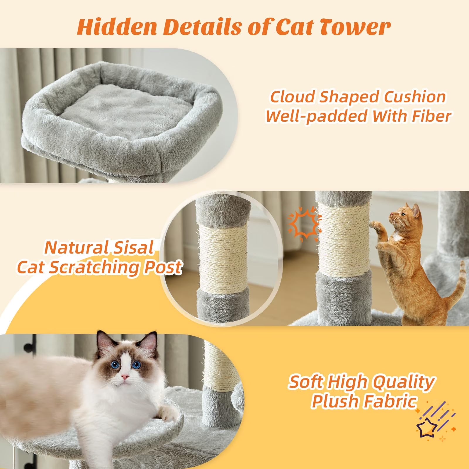 44 Inch Cat Tree, Multi-Level Indoor Cat Tower with Condo, Hammock, Sisal Scratching Posts, Anti-Tip Bolts for Indoor Cats, Light Gray