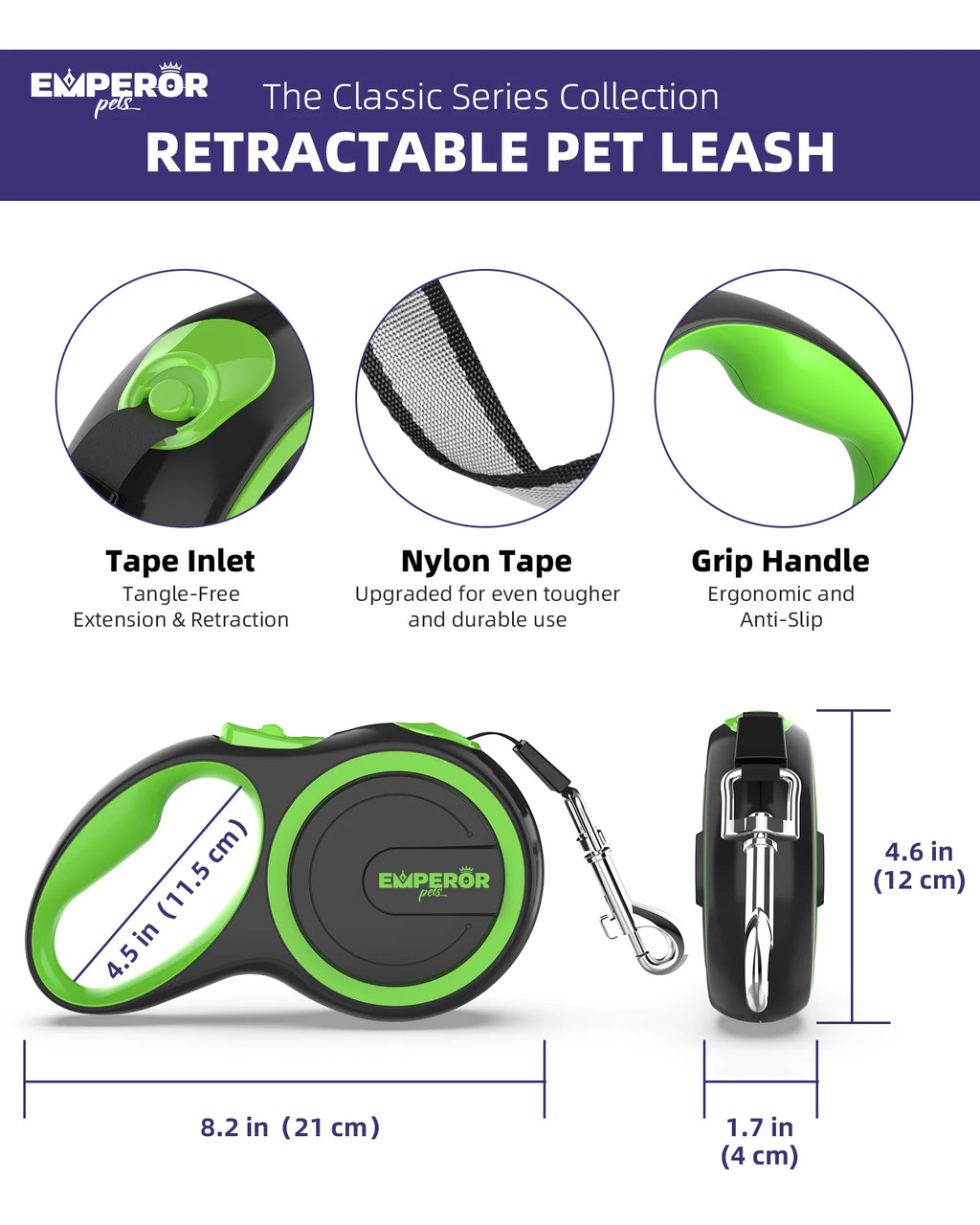Zinc Alloy Retractable Dog Leash, 26 Ft Durable Slip Control Tape for Large Dogs up to 110 Lbs -GR26
