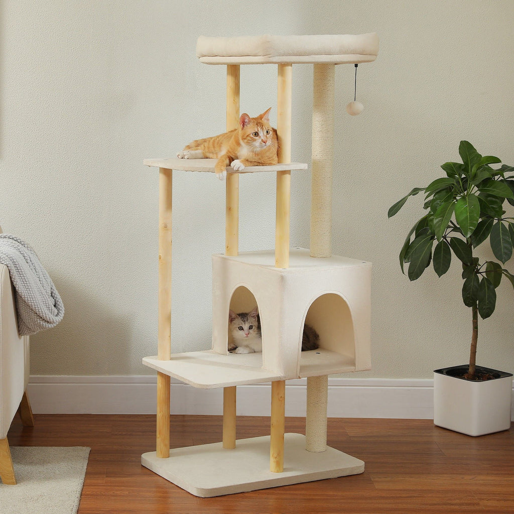53" Cat Tree for Indoor Cats, Multi-Level Cat Climbing Tower with Sisal Scratching Posts and Top Perch, Beige