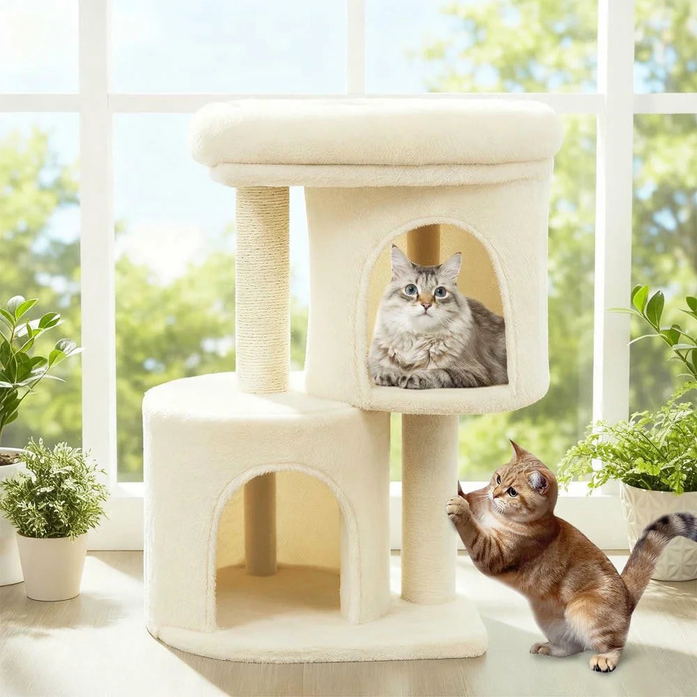 26-Inch Compact Cat Tower with Large Padded Push Perch and Dual Cozy Condos for Cat Napping, Beige