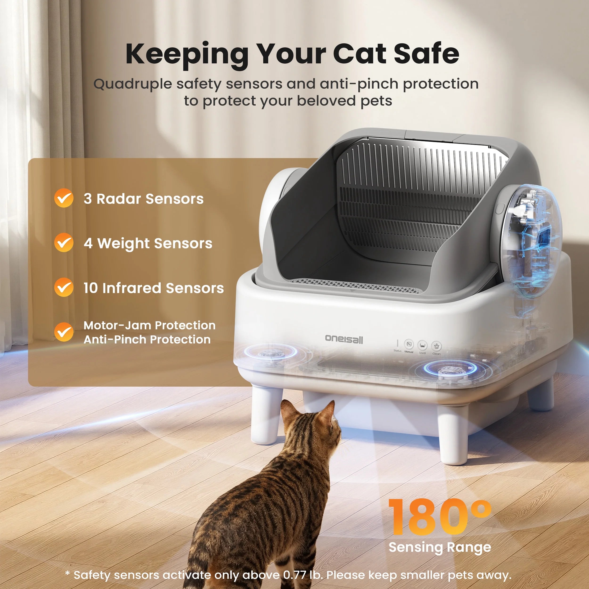 AB01 Automatic Cat Litter Box with 17 Safety Sensors, Open Top Self Cleaning Litter Box for Multiple Cats, Automatic Litter Box with Washable Silicone Lining & 40 Waste Bags, White