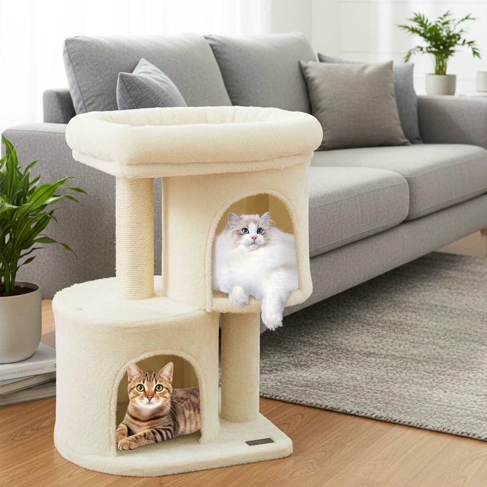 26-Inch Compact Cat Tower with Large Padded Push Perch and Dual Cozy Condos for Cat Napping, Beige