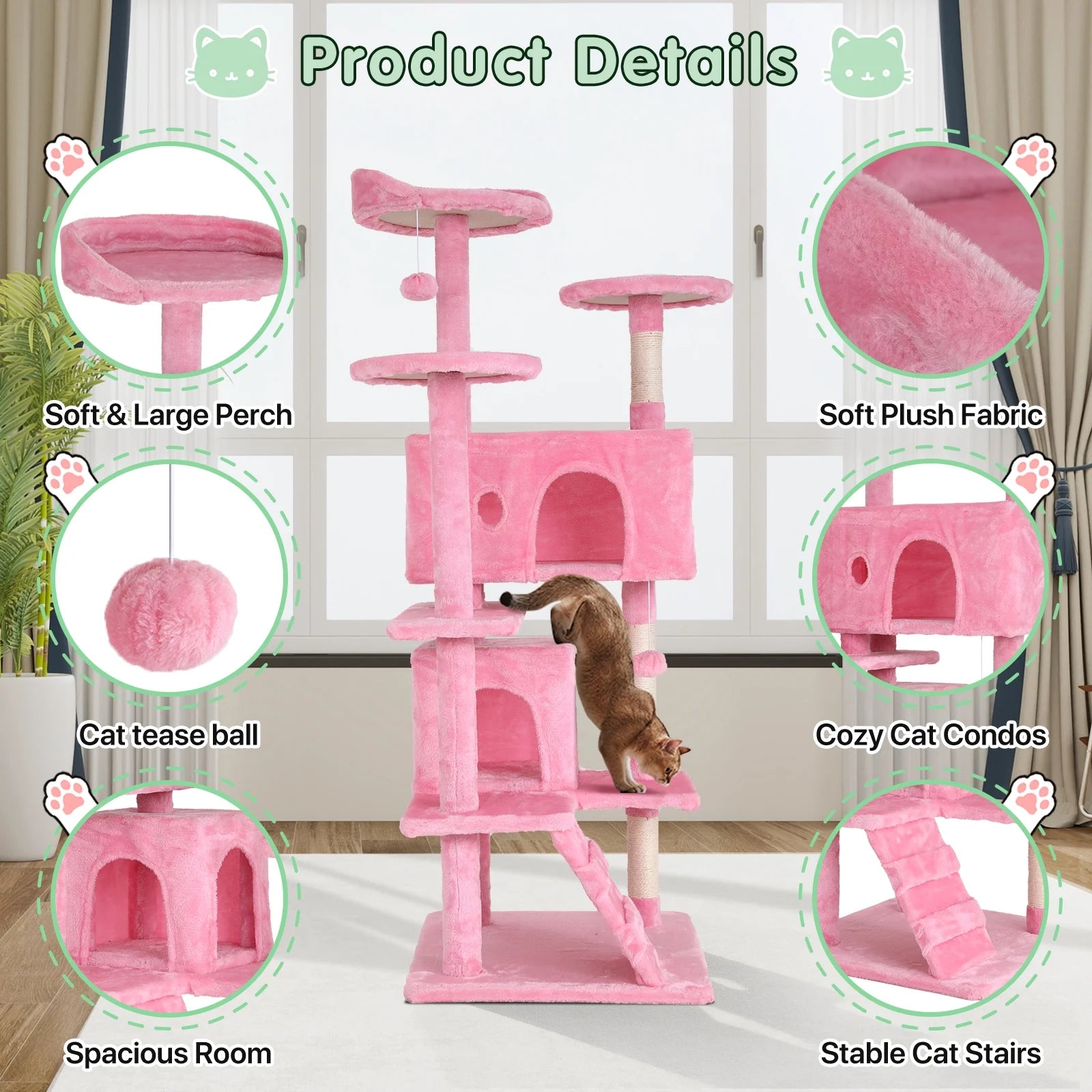 70" Cat Tree Cat Condo Cat Trees and Towers Multi-Level Activity Center Cat Playhouse with Sisal Scratching Posts & Perch for Kittens, Easy to Assemble, Pink
