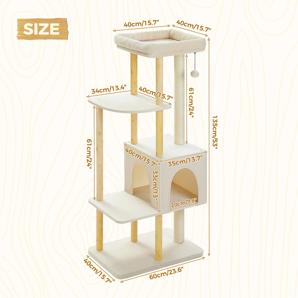 53" Cat Tree for Indoor Cats, Multi-Level Cat Climbing Tower with Sisal Scratching Posts and Top Perch, Beige