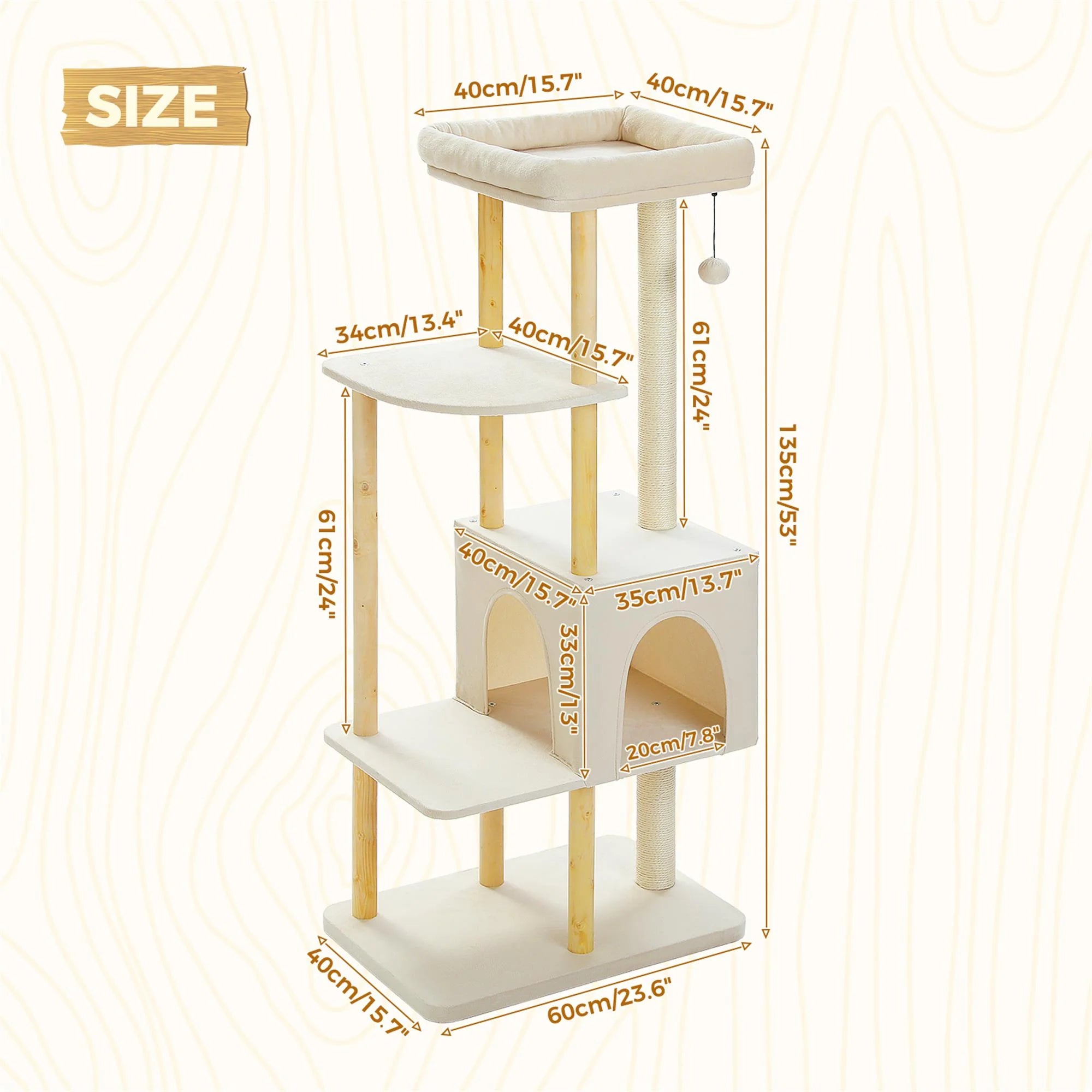 53" Cat Tree for Indoor Cats, Multi-Level Cat Climbing Tower with Sisal Scratching Posts and Top Perch, Beige